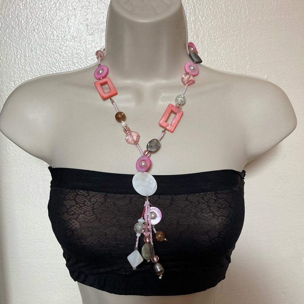 MOP Shell / Glass Linked Beads Artisan Statement Necklace Toggle Clasp